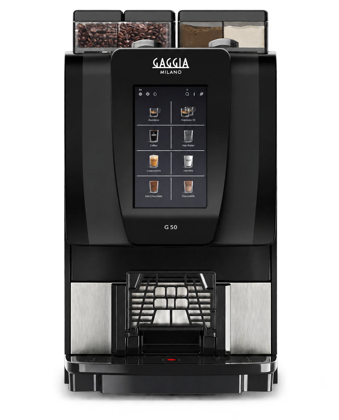Vista frontal de la Gaggia Milano G 50 con pantalla de selección de bebidas