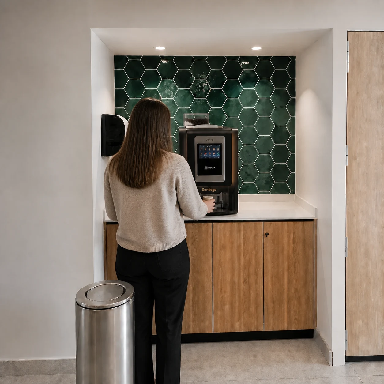 Persona sirviendo café en una máquina Café 360 instalada en una empresa inmobiliaria